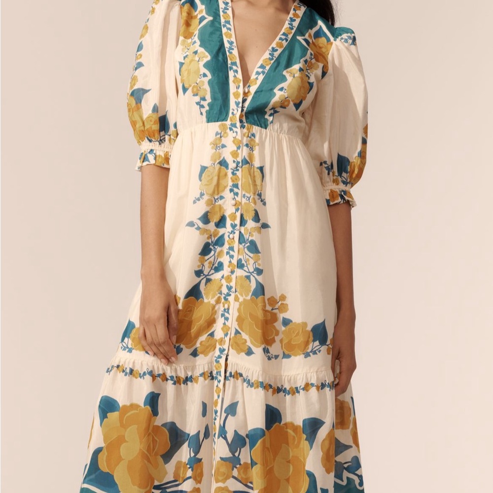 FARM Rio x Anthropologie puff sleeve printed Midi Dress